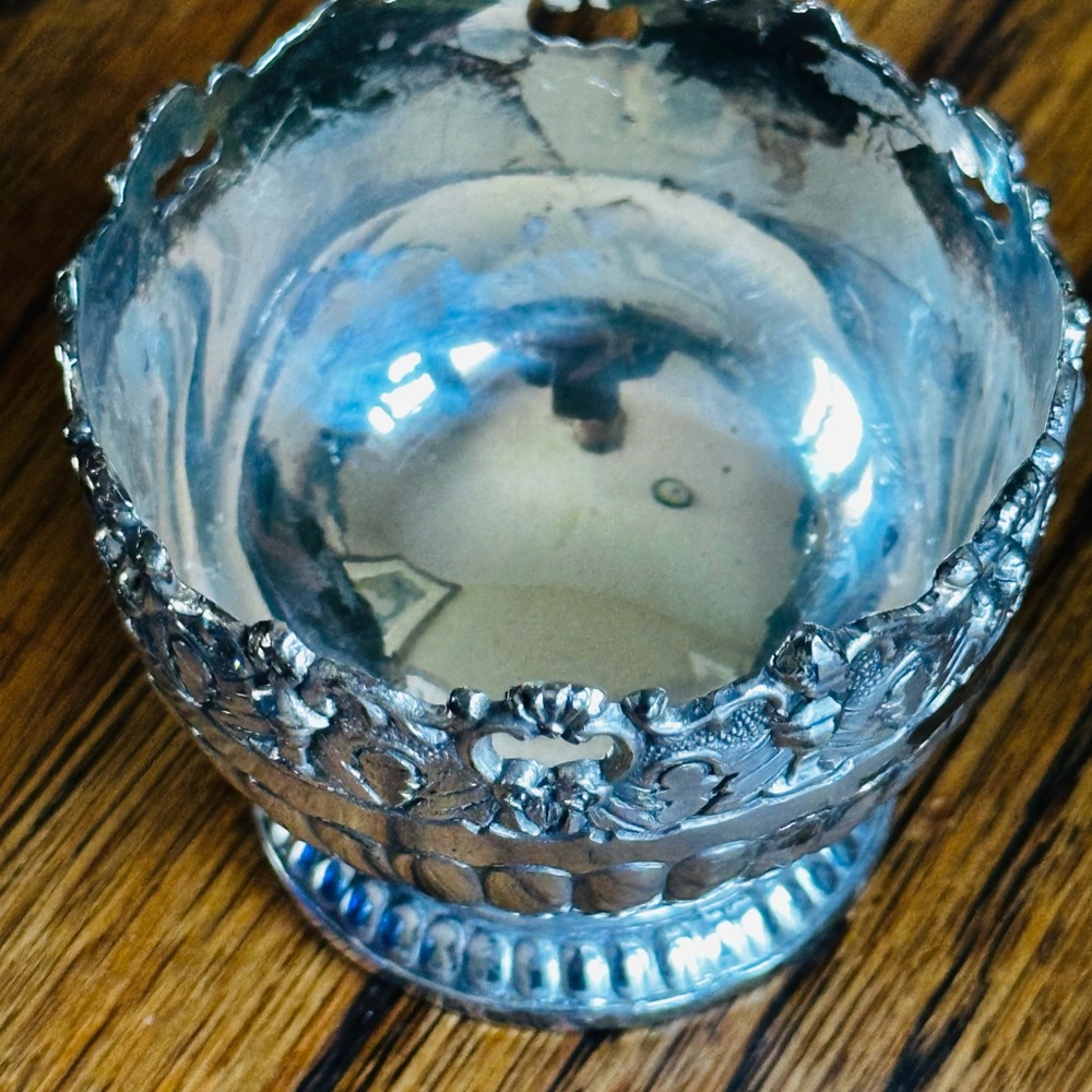 Elegant Antique/Vintage Silver/Plated Blue cobalt Glass Salt Bowl Set w spoons - Picture 3 of 14